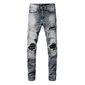 Detail showing distressed motorcycle style knee patches on grey slim fit men jeans - EU 28 / Light Gray Snow Wash Style(1338)