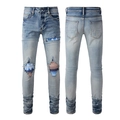 Jeans slim uomo azzurri con strappi distressed e inserti a righe colorate - EU 28 / Azzurro