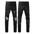 Schwarze Herren Jeans mit Used-Look, bunten Patchwork-Einsätzen und schmaler Passform - EU 33 / Schwarz