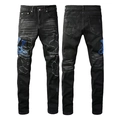 Schmale schwarze Herren-Jeans im Ripped-Look mit aufwendiger blauer Kobra-Schlangenstickerei - EU 38 / Slim Ripped Blaues Schlangen-Muster (Schwarze Jeans)
