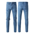 Jeans slim uomo azzurri con strappi sfrangiati e toppe con dettagli a onde - EU 28 / Blu