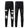 Slim-fit zwarte herenjeans met scheuren en wit gestreepte stoffen patches en wassing - EU 38 / Zwart met witte patch (1348)