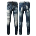Schmal geschnittene Herren-Jeans in verwaschenem Blau mit Farbspritzern und Waschung - EU 28 / Gewaschener Farbspritzer-Stil (6908)