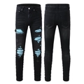 Slim fit zwarte herenjeans met blauw gestreepte patchwork en modieuze scheuren - EU 38 / Zwart met lichtblauwe patch (1347)