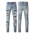 Jeans uomo slim fit azzurri con graffiti di vernice e toppe di strass brillanti - EU 38 / Stile Blu Chiaro Strappato con Strass (6626)
