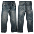 Klassische dunkelblaue Herrenjeans im geraden Schnitt mit Vorder- und Rückansicht im Liegen - EU 30 / Hellblau