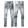 Schmal geschnittene Herren-Jeans mit Distressed-Effekt, Farbspritzern und Biker-Falten - EU 28 / Hellblau