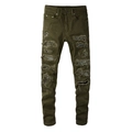 Jean coupe ajustée pour homme vert armée avec déchirures usées et patchs de style urbain - EU 30 / Vert Militaire