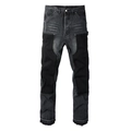 Detail van zware denim broek met zwarte patchwork kniebeschermers en contraststiksels voor heren - EU 38 / Patchwork Donkergrijs Stijl (9312)