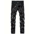 Gedetailleerde weergave van zwarte slim jeans met witte bliksem borduurpatronen en stof - 32-XL / Zwart