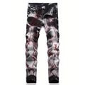Detail view of slim fit men's jeans with red lightning embroidery and smoke print - 28S / Black