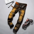 Vintage Herren Jeans in Schwarz mit gelber Waschung und markanten Patch-Details - EU 28 / Retro Gelb