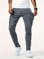 Pantalon cargo slim en jean gris pour homme avec grandes poches et surpiqûres - S / Bas / Gris