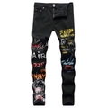 Jean noir ajusté pour homme avec des imprimés graffiti colorés style Paris et Kanye à plat - Noir