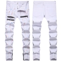 Detail of white slim fit jeans featuring colorful paint splatter and silver zipper pockets - 28 / Bottoms / White (with Colorful Paint Splatter)