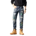 Men's slim-fit blue jeans with distressed patchwork, embroidery, and vintage repairs - EU 28 / Patchwork Distressed Straight Style
