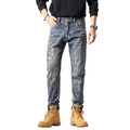Jeans slim blu da uomo con schizzi di vernice multicolore e trama in denim lavato - EU 28 / Blu Medio Schizzato (TC2881#)