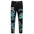Slim fit black stretch denim jeans with white and teal street graffiti graphic prints - EU 28 / Black Graffiti (5705#)