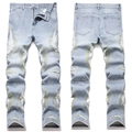 Jeans slim da uomo con effetto strappato e ricami gialli distintivi in stile casual - EU 28 / Stile Ricamato Blu Chiaro (5716#)