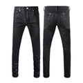 Front and back view of men's slim fit black coated denim jeans with glossy finish - EU 28 / Black Shiny Coated Style