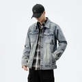 Chaqueta vaquera azul claro lavado para hombre con bordado y camisa de cuadros - M / Estilo Lavado Azul Claro (DLL1195#)