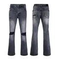 Détails d'un jean évasé délavé foncé avec genoux déchirés et ourlet effiloché - EU 28 / Gris Noir Délavé (53520)