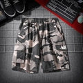 Men's camouflage cargo shorts with elastic drawstring waist and large flap pockets - M / Khaki Camouflage