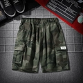 Men's camouflage cargo shorts with elastic drawstring waist and multi-pocket design - M / Army Green Camo