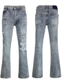 Classic blue washed flared jeans with distressed ripped fringe and back cross embroidery - EU 28 / Light Blue