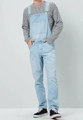 Men's light blue denim overalls in straight cut with striped shirt and metal buckles - Light Blue