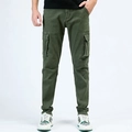 Detail of army green slim fit cargo trousers with side flap pockets and knee stitching - XS-29 / Army Green