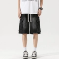 Bermudas cargo de mezclilla negra para hombre con cintura elástica y bolsillos laterales - S / Bolsillo Cargo con Solapa / Negro Carbón
