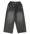Detail of washed grey denim fabric with elastic waistband and branded woven label - 160 / Dark Gray