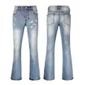 Men's light blue slim fit flare jeans with white paint splatters and ripped details - 63623 / EU 28