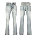 Slim fit light blue flared jeans for men with distressed holes and white paint splatters - 63621 / EU 28