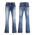 Men's vintage flare jeans in deep blue wash with distressed ripped details and slim fit - EU 38 / Classic Deep Blue (63610)