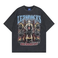 Detalle de camiseta de algodón negro lavado con estampado de esqueleto levantando pesas - S / Negro