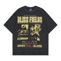 Détail d'un t-shirt vintage noir délavé avec imprimé rock band et texture usée - S / Noir