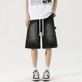Pantalones cortos de carpintero en denim negro lavado para hombre con corte holgado y cargo - S / Diseño de Bolsillo Falso / Gris Lavado