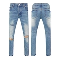 Slim fit light blue distressed denim jeans with paint splatter and knee rips - EU 28 / Blue Large Ripped Style