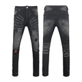 Slim fit black denim jeans featuring white bone wash patterns and splatter paint details - EU 28 / Dark Grey Bone Wash Style