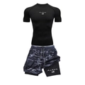 Men's two-piece quick-dry sports set with black tight T-shirt and camo fitness shorts - L / Top And Bottom / Black Short Sleeve With Gray Camo Shorts