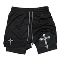 Anime print double-layer sports shorts with breathable mesh and cross graphic pattern - S / KCGK03 Gothic Cross Black (Black Lining)