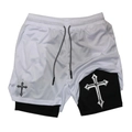 Detail view of double-layer mesh sports shorts with gothic cross prints and drawstring waist - S / KCGK10 Gothic Cross White (Black Lining)