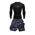 Men's black compression long sleeve top and grey camo 2-in-1 sports shorts set - M / Top And Bottom / Black Long Sleeve With Gray Camo Shorts
