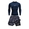 Men's navy blue compression long sleeve top and grey camo 2-in-1 fitness shorts set - M / Top And Bottom / Dark Blue Long Sleeve With Gray Camo Shorts