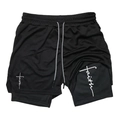 Detail of black double-layer athletic shorts with faith print and mesh fabric - S / KCGK03 Faith Print Black (Black Lining)