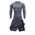 Men's athletic set with grey compression long sleeve and camo double-layer shorts - M / Top And Bottom / Gray Long Sleeve With Gray Camo Shorts