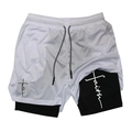 Detail view of double-layer sports shorts with white mesh fabric and faith print - S / KCGK10 Faith Print White (Black Lining)