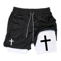 Detail of double-layer sports shorts with breathable mesh and cross pattern print - S / KCGK03 Classic Cross Black (White Lining)